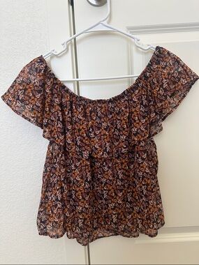 Haute Monde Brown Floral Off-Shoulder Ruffle Blouse